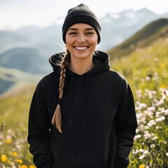 Wall Mural - A woman in a black hoodie standing in a field of flowers