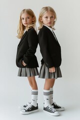 Wall Mural - Two young girls in school uniforms standing next to each other