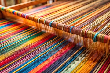 Forced perspective macro shot of multicolored threads interwoven in textile loom