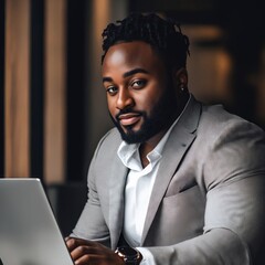 Wall Mural - A man in a suit sitting at a table with a laptop