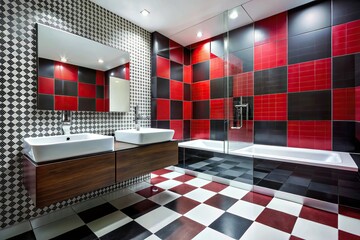 Wall Mural - Forced perspective modern bathroom with black, red, and white tiles