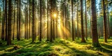 Forced perspective of sunlight in coniferous forest