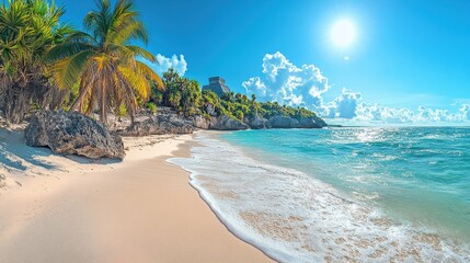 A calm beach scene in Tulum, Mexico, featuring crystal-clear blue waves, fine white sand, and historic Mayan ruins in the distance.