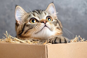 Wall Mural - Adorable Cat Relaxing in a Box of Straw