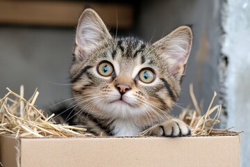 Wall Mural - Cute Little Cat Nestled in a Box of Straw