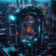 Large lock towering over city buildings, signifying security and control