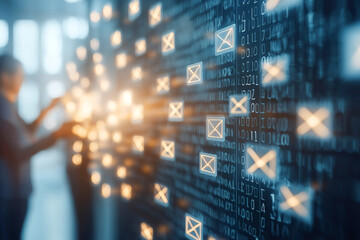 Abstract digital interface with glowing email icons, symbolizing communication and technology in a modern workspace.