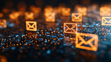 Abstract email icons glow against a digital backdrop, symbolizing online communication and technology in a vibrant network.