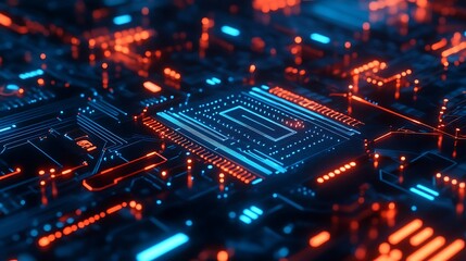 Orange wires stretch across blue background on glowing computer screen