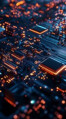 Blue computer screen background illuminated by strands of orange wires