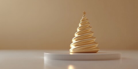 Poster - Golden Christmas tree on a white pedestal against a beige background.