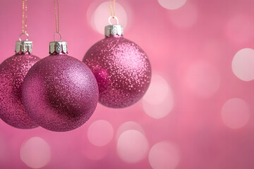 Canvas Print - Three glittery pink baubles hanging against a vibrant pink background with soft bokeh, creating a bright and festive look.