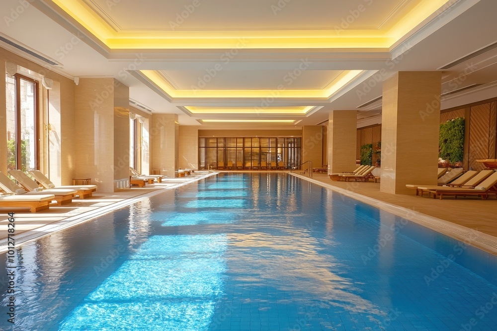 Modern facility with luxurious indoor swimming pool clear blue water ...