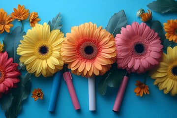 Wall Mural - a group of flowers on a blue background

