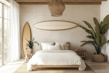 Canvas Print - Modern stylish bedroom with surfboard on wall