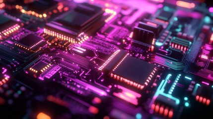 Wall Mural - Close-up of a circuit board with glowing neon lights.