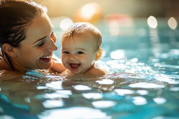 mother and baby swimming together child having fun in pool with mom