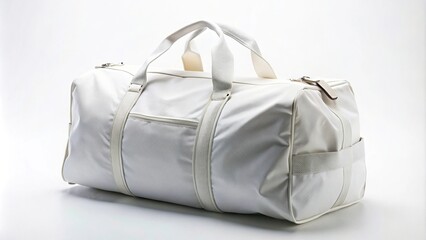 forced perspective white duffel bag on white background