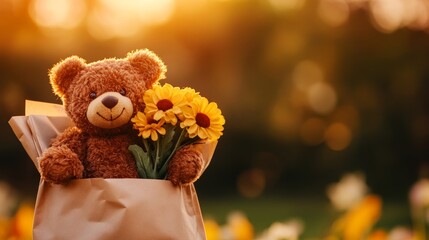 A cute brown teddy bear holding a bouquet of yellow flowers in a paper bag. The bear is smiling and the flowers are vibrant. This image represents love, happiness, and childhood innocence.