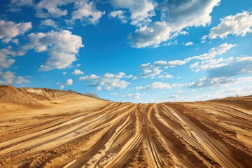 Motocross and auto track with blue sky and sand wheel tracks