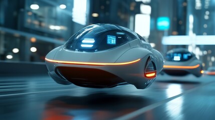 A sleek, futuristic electric vehicle glides effortlessly through a city streetscape, representing the future of sustainable transportation. This fleet of vehicles is powered by renewable energy, symbo