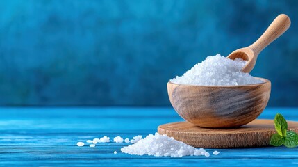 Sea Salt in Wooden Bowl on Blue Background