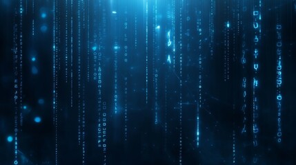 Abstract digital data stream of binary code on a blue background, symbolizing technology, innovation, coding, future, and data flow.