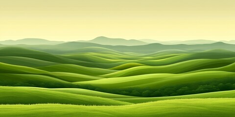 Wall Mural - Rolling green hills stretch out under a pale sky.