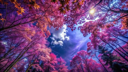 Wall Mural - forest with purple leaves and dark blue sky from a tilted angle