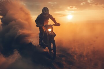 Wall Mural - Motocross rider races through smokey track at sunset