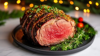 Grass-fed prime rib roast, cooked to perfection, with homemade herbs and a festive presentation.