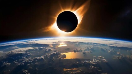 a total solar eclipse as seen from space, with the earth's atmosphere and clouds in the foreground.