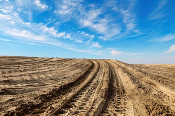 Motocross track and auto racing track against a blue sky with wheel tracks in the sand