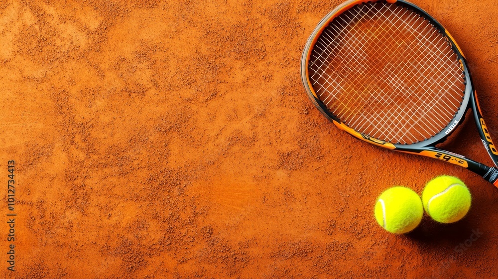Two tennis rackets and two yellow tennis balls lie on a clay court ...