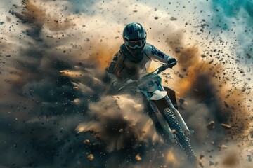 Wall Mural - Motorcycle rider kicks up dust and debris