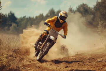 Motorcyclist in yellow motocross competition outfit on dusty summer track