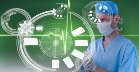 Poster - Round scanners and heart rate monitor over caucasian male surgeon against green background