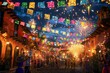 Lively 3D render of a Mexican Independence Day celebration with mariachi bands, fireworks, and people waving flags, created by ai