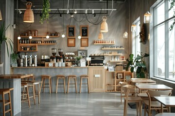 Minimalistic interior of a cafe in beige tones, created by ai