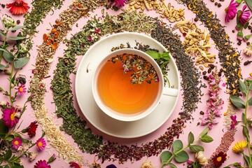 Top view of Soothing hot Tea in white cup surround with various pile of dry tea and herbal flowers on  pink   background , created by ai