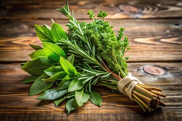 Fresh bouquet garni on wooden white table