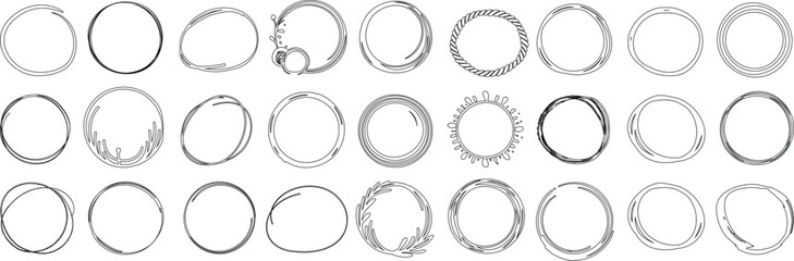 Hand drawn irregular circle sketch set, various styles, doodle frames, abstract round borders, simple artistic line art