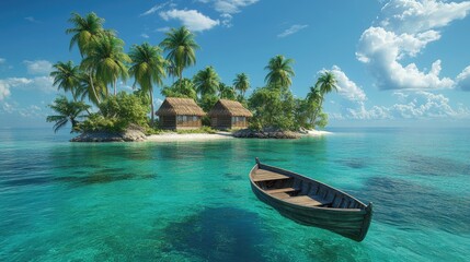 Small wooden boat floating in ocean near tropical island with bungalow