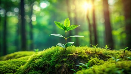 Fresh green plant growing in mossy forest wide-angle