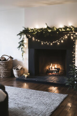 black fireplace with string lights for Christmas decorations, cozy fireplace 