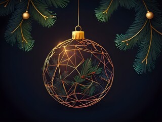 abstract glow christmas Postcard Happy New Year Low poly Christmas ball and fir branches polygonal wireframe illustration on a dark background