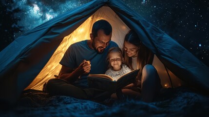 A family enjoys a cozy evening reading under the stars, surrounded by the warmth of a glowing tent.