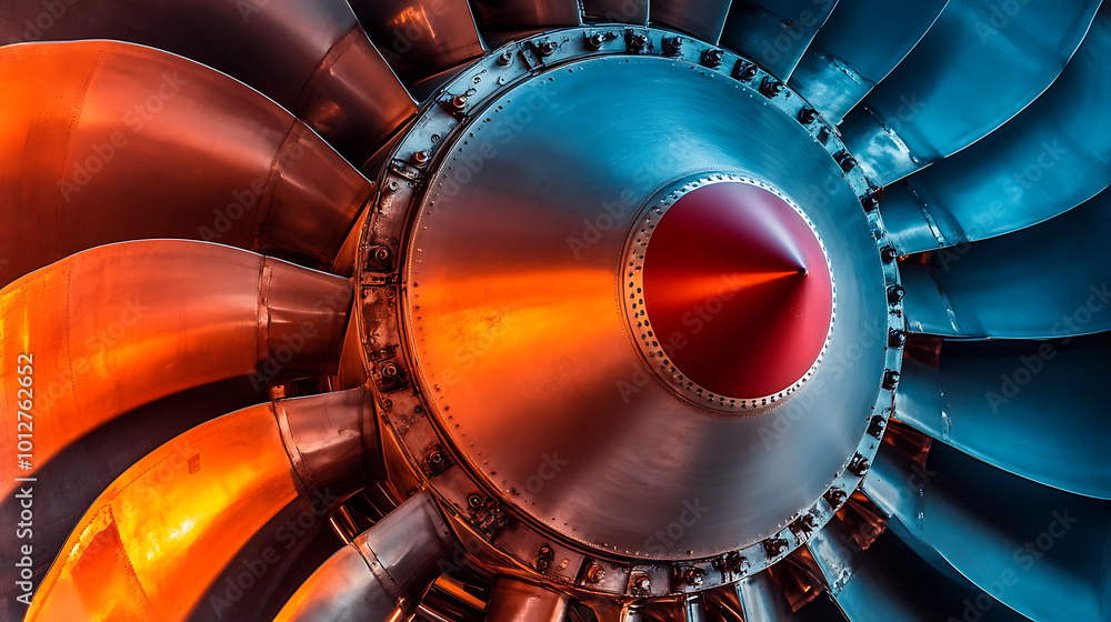 Close-up of an airplane turbine engine with a focus on the fan blades ...