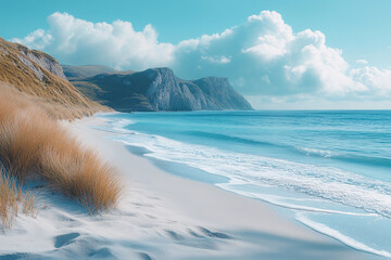 Wall Mural - tranquil beach scene with blue sky and mountain landscape