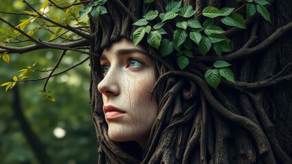 Woman s Face Emerging From Tree Roots  Nature and Transformation  Fantasy Portrait